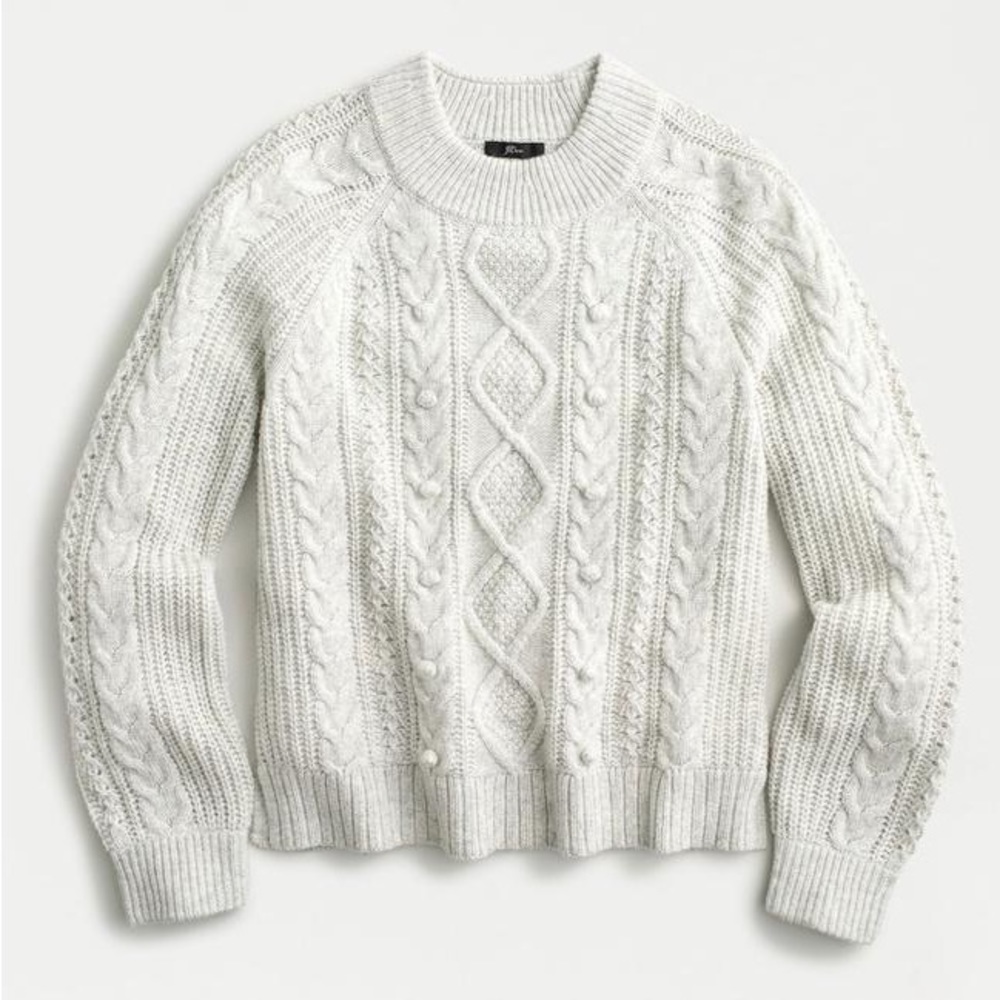 J. Crew NWT Pom-Pom Cable-Knit Sweater in Pebble Grey, Size Small